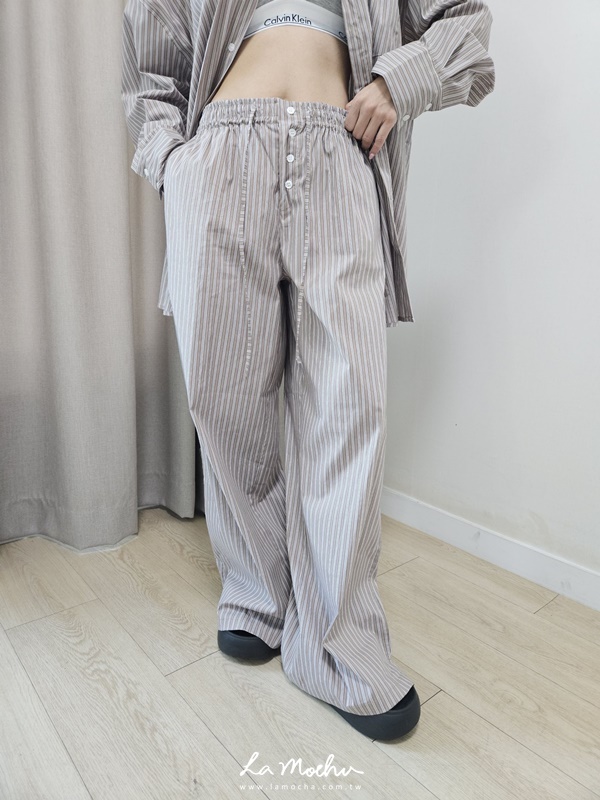 綁帶直條紋長褲